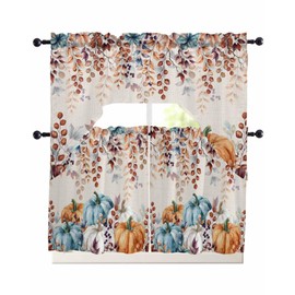 Fall Thanksgiving Kitchen Curtains Sets 24 Inch Length with Valance, Blue Orange White Pumpkin Swag Valances for Windows and Tiers Curtain Set, Eucalyptus Leaves Drapes for Living Room, Cafes