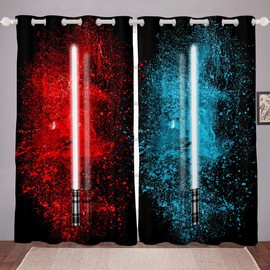 Lightsaber Curtains Red Blue Tie Dye Curtains for Bedroom Living Room for Kids Boys Teens Future Technology Windows Drapes Soft Durable Washable Room Decoration,W46*L54