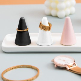 3 Pcs Modern Marble Ceramic Ring Holder Decorative Tower Cone Nightstand Display Stand for Jewelry Rings