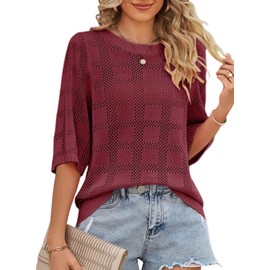 Dokotoo Womens Fashion Casual Spring Summer Shirts and Tops for Women 2024 Trendy Dressy Crew Neck Pullover Sweater T-Shirts 3/4 Sleeve Tunic Tops Hollow Out Loose Shirts Red Large