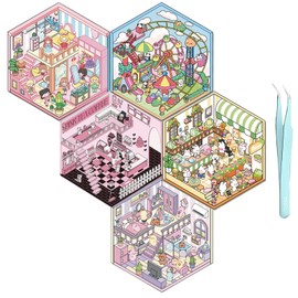 4 Sets Sticker Pack DIY 3D Stickers, Cute Sets for Free Combination, Make Your Supermarket, Coffee Shop, Amusement Park Isometric Miniature Room Sticker Book for Kids Adults