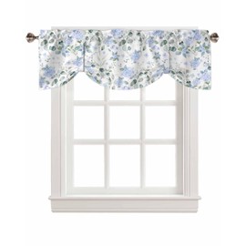Floral Tie Up Valance Curtains Blue Hydrangea Flower Leaf Kitchen Valance for Window Living Room 54x18 Inch Light Filtering Adjustable Tie-up Shade Rod Pocket Botanical Window Treatment 1 Panel