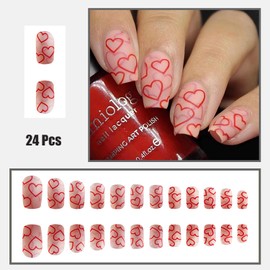 24 Pcs Valentine's Day Press on Nails Short Square Fake Nails with Nail Glue Full Cover Stick on Nails Heart Nails Art Design Acrylic Glue on Nails Medium Artificial Nails Decoration Gift for Women