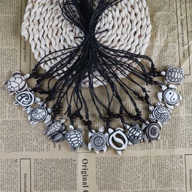 COLORFUL BLING 12pcs Artificial Bone Carving Sea Turtles Pendant Necklaces Set Medallion Symbol Adjustable Cotton Cord Yin Yang Hawaiian Surfer Lucky Amulet Jewelry for Women Men Unix, cord, resin