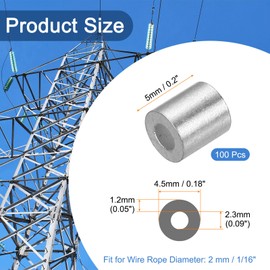 sourcing map Aluminum Wire Rope Stop Sleeve 1/16"(2mm) Crimping Loop Sleeve Round Cable Ferrule for Wire Rope Cable Line, Pack of 100