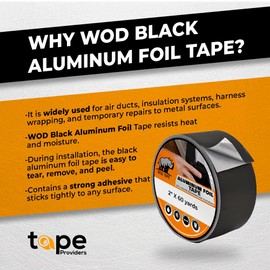 WOD AF-20A-B Black Matte Aluminum Foil Tape General Purpose Non Reflective Hot & Cold Shield Resistant - Good for HVAC, Air Ducts, Insulation, Metal Repair: 2 in. x 27 yds. (Pack of 1)