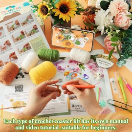 Weldomcor Crochet Kit for Beginners, Crochet Coasters Kit, Flower Potted Plant Crochet Knit with Crochet Hook, Colorful Yarn, Stitch Marker, Accessories, Craft Lover DIY Material Tools (Sunflower)
