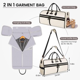 Convertible Garment Duffle Bags for Travel, Carry On Garment Bag with Shoe Compartment, 2 In 1 Travel Suit Bag with Shoulder Strap for Men Women, Waterproof Weekender Bag for Business Trip,Cream