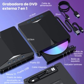 Gytuiv Lectora Externa Grabadora De Dvdcd Quemador Usb3.0 Y Tipo C,con 4 Puertos Usb Y 2 Ranuras Para Tarjetas Tfsd, Unidad De Disco ptico Para...    