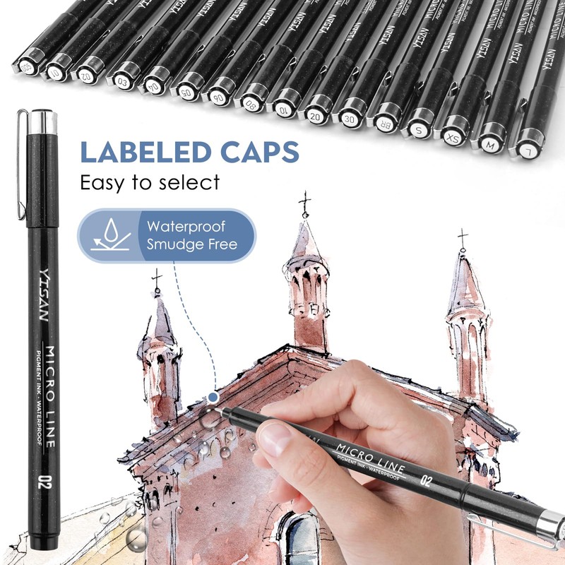 YISAN Black Drawing Art Pens,Micro Fineliner Manga Pens,Calligraphy Pens for