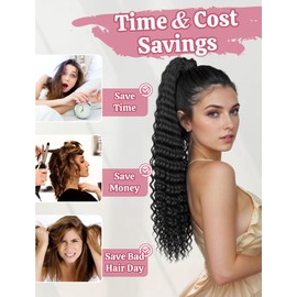Curly Wavy Frizz Hair Extension with Ponytail, Natural Synthetic Hairpiece, 24 Inches, Daily Long Ponytail Hairpiece, Black