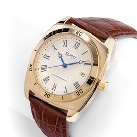 Stauer Timemaster Piezo Watch for Men – 36mm Gold-Finished Alloy Watch Case with Genuine Brown Leather Band and Cotswold Crystal