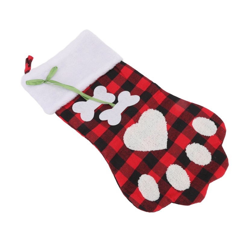Christmas Stocking Dog Paw Shape Plaid Decorative Gift Bag Christmas