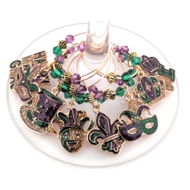 Mardi Gras Wine Charms – Party Favors, New Orleans Glass Tags, Fleur De Lis – Gifts (Set of 8)