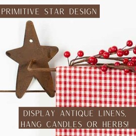 Primitive Rusty Tin Star Towel Bar - Versatile Indoor/Outdoor Country Rustic Farmhouse Decor - Rusted Metal Wall Mounted Bar Perfect for Displaying Linens, Herbs, Candles, and More (20" Long)