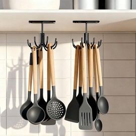 EigPluy Metal Under Cabinet Kitchen Utensil Hooks,360° Rotating Kitchen Utensil Rack with 8 Hooks,Drilling Free Adhesive Utensils Hanging Rack for Tools/Towel/Knife (Black)
