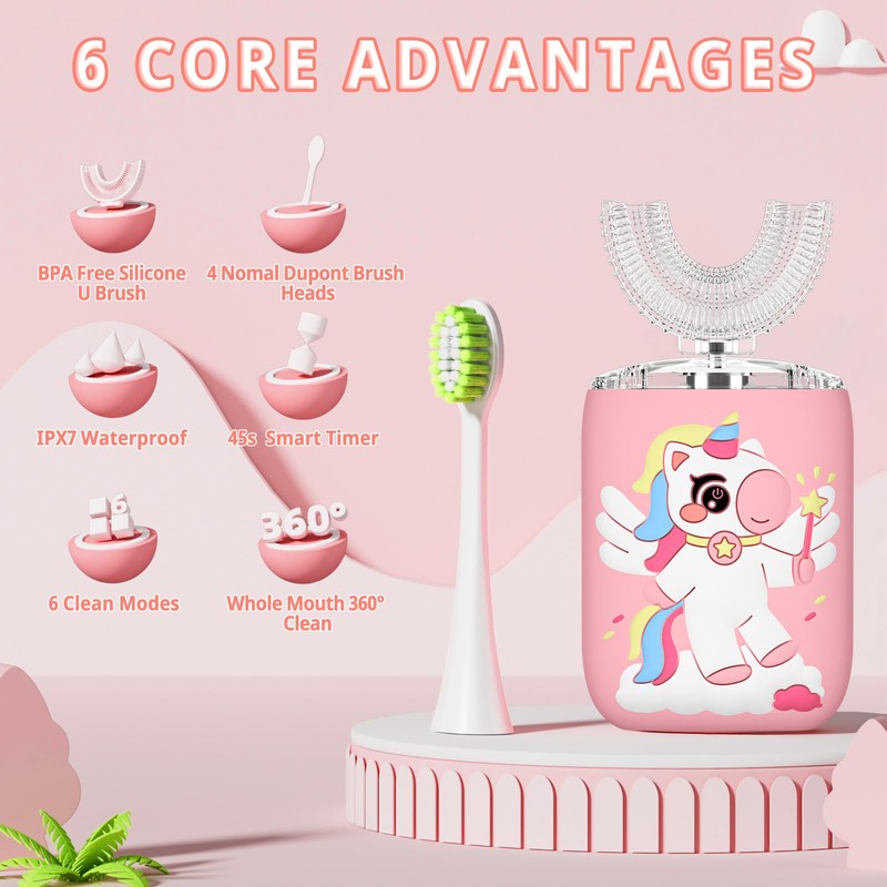ELOTAME Kids Electric U Shaped Toothbrush Unicorn Rechargeable Sonic Toothbrush