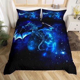 Feelyou Galaxy Dragon Duvet Cover Kids Chic Outer Space Starry Sky Bedding Set Jungle Animals Dragon Comforter Cover for Boys Children Teens Bedroom Decor Blue Black Bedspread Cover Twin Size