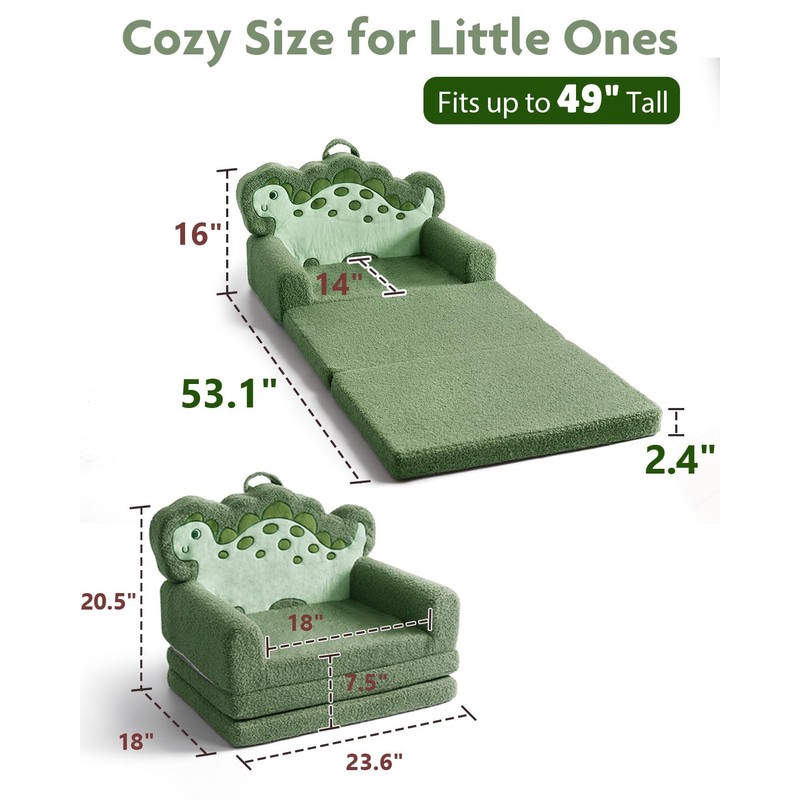 TinyPalsa Kids Couch, Convertible Sofa to Lounger Fold Out, Green