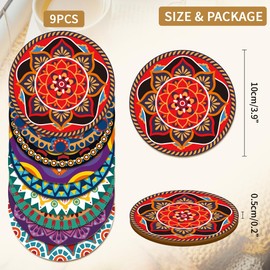BENECREAT 9Pcs Coasters for Drinks, Mandala Variant Coasters Boho Flower Wood Drink Coaster Coffee Cup Mat for Kitchen Bar Cup Dining Decor, 10cm Diameter, 5mm Thick