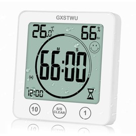 GXSTWU Digital Bathroom Clock Shower Timer with Alarm, Waterproof Clocks for Bathroom Kitchen Timer Clocks Thermometer Hygrometer Wall Clock with Suction Cup Hanging Hole Stand Magnet (1pack)