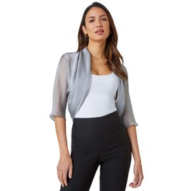 Roman Originals Chiffon Bolero Shrug Jacket for Women UK - Ladies Ruched Hem Cover Up Smart Formal Mesh Wrap Shimmer Cropped Blazer Wedding Guests Cardigan Cardi Crease Free - Silver Grey - Size 14