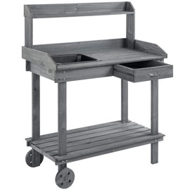 Benicabaly 36'' Wooden Potting Bench Work Table with Sink, Drawer & Large Storage Spaces, 2 Removable Wheels, Gray