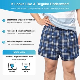 Incontinence Underwear for Men Washable 2 Pack Mens Leakproof Underwear with Front Fly for Bladder Leakage Protection Instant Absorbency Mens Incontinence Boxers (Small, Light Blue Plaid)