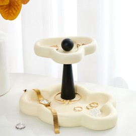 SimpleArt Ceramic Jewelry Tray,Cloud Jewelry Holder,Cloud Keyholder Perfume Trinket Dish Room Decor Aesthetic Vanity for Mother's Day Christmas Thanksgiving Birthday Gift (Cream/Black Rod)