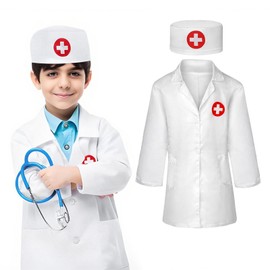 DOOCECIY 3 Pcs Kids Doctors Outfit, Doctor Costume Kids Including Lab Coat Scrub Cap and Stethoscope for 1-1.2m Children