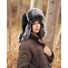 Futrzane Aviator Hat for Women - Russian Hat - Winter Schapka Ushanka, Black - Grey Siberian