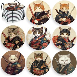 Coasters Set of 8 Cat Lover Gift Coasters with Holder Ceramic Coasters for Table Drink Coaster Funny Cat Gifts Cat Office Desk Beverage Coasters Fun Cool Bar Cup Coasters (Cat Coasters)