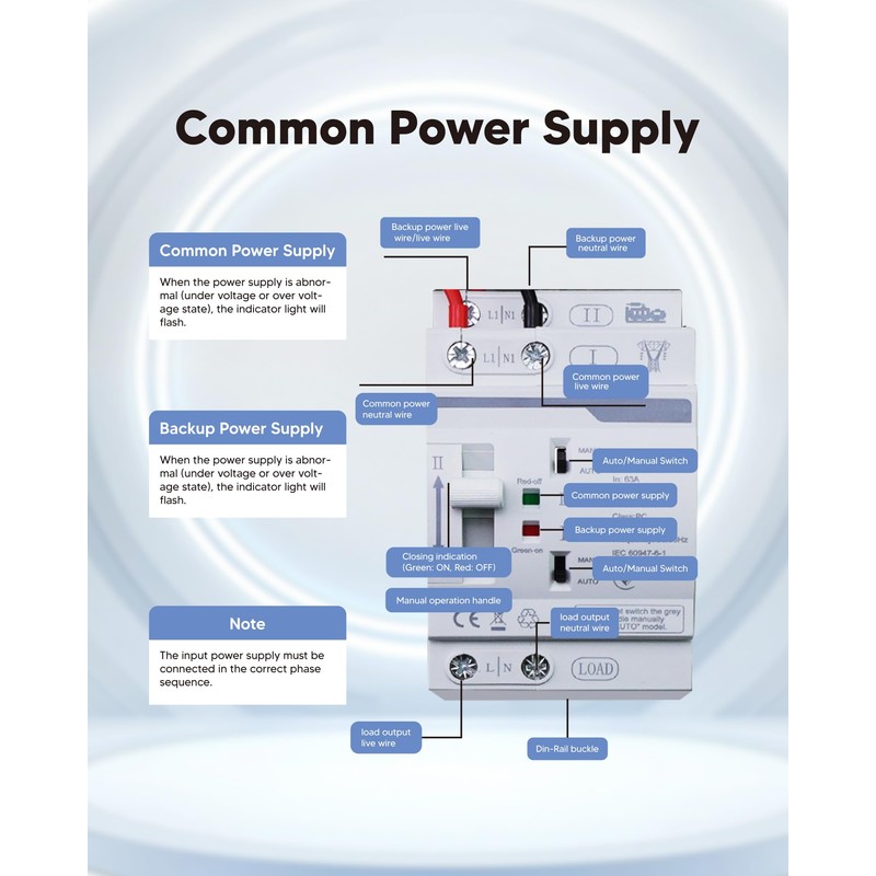ATS AC Automatic Transfer Switch 2P 63A 220V with Overload