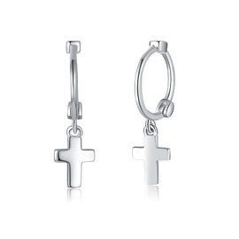 Small Huggie Hoop Earrings with Cross Dangle for Women Girls, Sterling Silver Huggie Earring with Drop Charm for Everyday