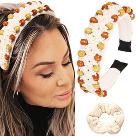 Sinalty Handmade Boho Headbands Beaded Wide Hairbands with Fabric Hair Ties African Hair Accessories for Women and Girls (Popular)