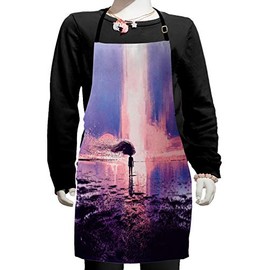 Ambesonne Fantasy Apron, Trippy Person in Wind Blowing Hair on The Water Serene Artwork, Small Apron Bib with Adjustable Ties for Baking Painting, Small Size, Pink and Blue