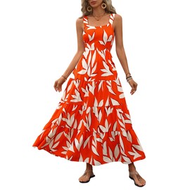 PRETTYGARDEN Women's Summer Floral Maxi Dress Sleeveless Smocked Ruffle Long Flowy Beach Vacation Boho Sundresses (Floral Orange Beige,Large)