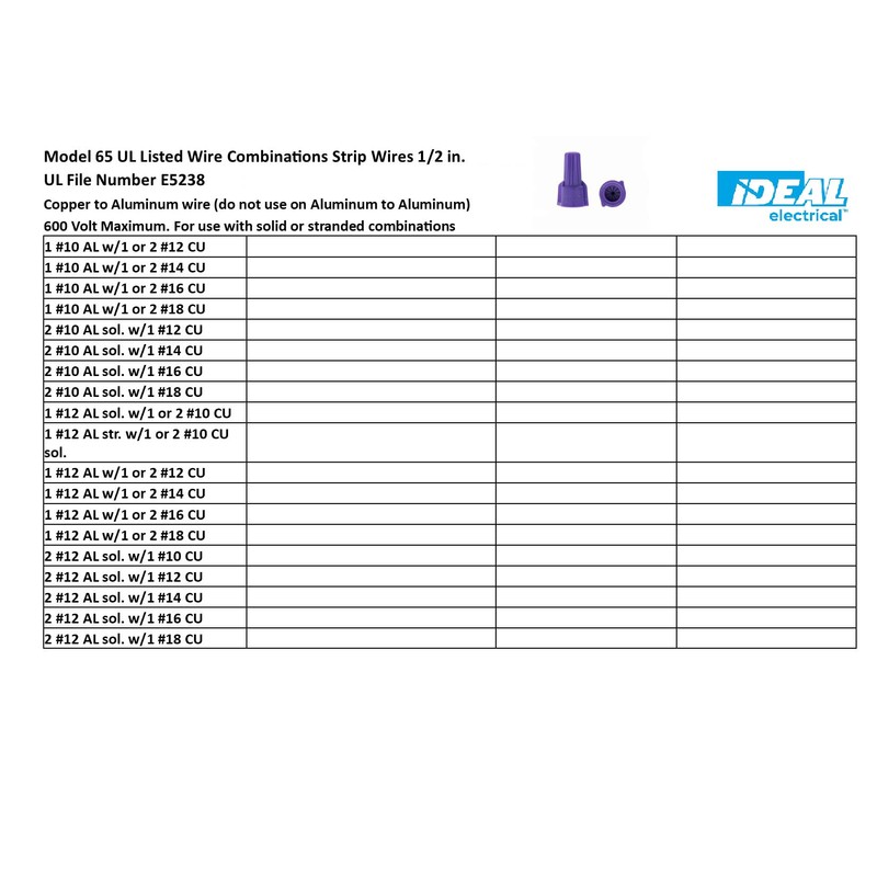 IDEAL INDUSTRIES INC. 30-165 Twister Al/Cu Purple Wire Connector 12-10