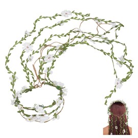 CABODYALS White Flower Wreath Headband Boho Fairy Floral Hair Crown With Leaves Vine Ribbon Hairband Garland Crafting Wrapped Hair Hoop for Women Party Wedding Accessories Vacation Festival Decoration