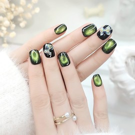24Pcs Green Cat Eye Press on Nails Round Shape Glue on Nails Green Glitter Fake Nails With Gem Design Galaxy Acrylic False Nail Kits Stick on Nails Full Cover False Nails for Women Girls