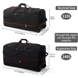 Vomgomfom Expandable from 110L to 140L 31.5" Rolling Duffle Bag with 2 Wheels,Foldable Travel Duffel Bag with Large Convertible Compartment Pocket,Black Orange