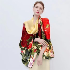 LumiSyne Silk Scarf Women's Colourful Flowers Printed Artistic Oil Painting Pattern Satin Long Scarf Sun Cream Stole Lightweight Warm Neckerchiefs Shoulder Scarf All Year Round