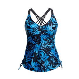 Tempt Me Women Tankini Top Only V Neck Swim Tops Tummy Control Bathing Suit Top No Bottom, Black Blue Leaves, X-Large