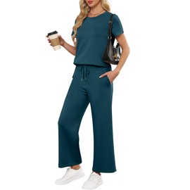 ANRABESS Women 2 Piece Lounge Sets Summer Travel Sweat Outfits Short Sleeve Wide Leg Casual Matching Tracksuits Clothes Lake Green Small