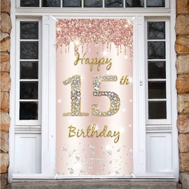 Happy 15th Birthday Door Banner Backdrop Decorations for Girls, Pink Rose Gold 15th Birthday Party Door Cover Sign Supplies, Fifteen Year Old Birthday Poster Background Photo Booth Props Décor