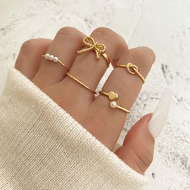 EDWTG Gold Bow Rings Set for Women Silver Bow Pearl Heart Stacked Ring Stackable Dainty Knuckle Rings Jewelry Gifts (G)
