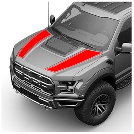 BENINI DESIGN STUDIO Hood Blackout Racing Stripes Vinyl Decal Sticker Kit- Compatible with Ford F150 Raptor 2014-2020 (Style 2, Red)