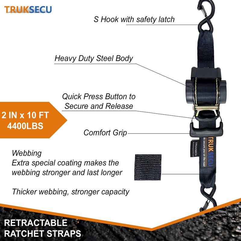 TRUKSECU Retractable Ratchet Straps, 2 Inch x 10 Feet, 4400