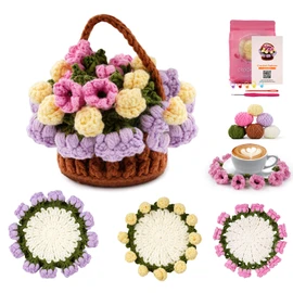 LetCartMaker Crochet Set for Beginners, 4 Pieces Coaster Crochet Set, Flower Basket, Crochet Starter Kit with Step by Step Video Tutorials, Birthday, Holiday Gift for Kids and Adults