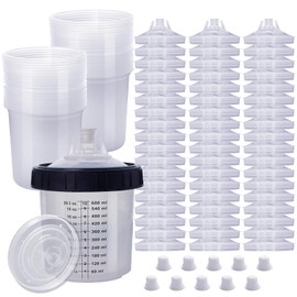 Disposable Paint Spray Gun Cup,HVLP Paint Spray Paint Gun 20 Ounce (600ml) Kit with 55 Cups and Lids System, 1 Hard Cup with Retainer Ring and 10 Plugs